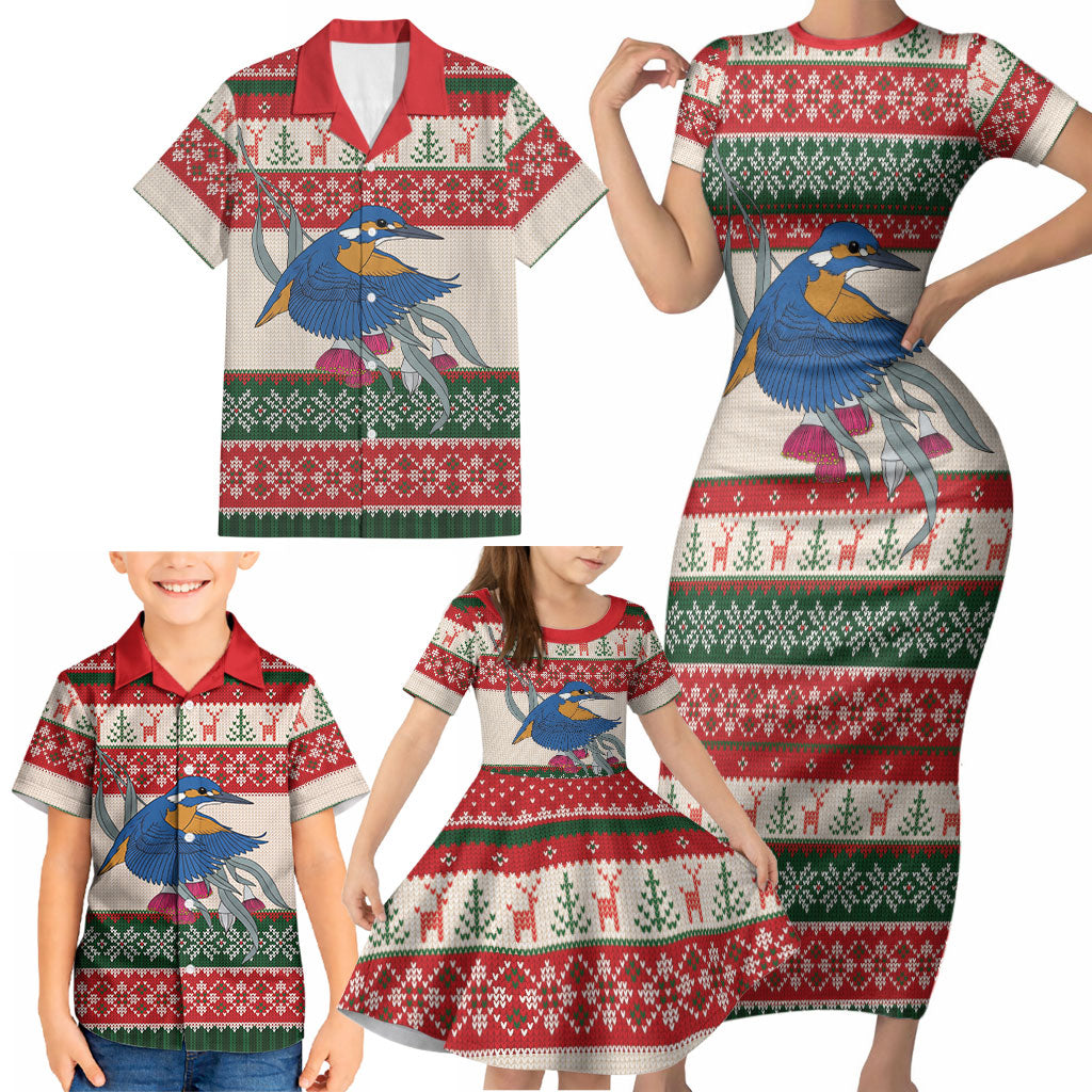 Aussie Kingfisher Bird Christmas Family Matching Short Sleeve Bodycon Dress and Hawaiian Shirt Festive Knitted Pattern Inspired