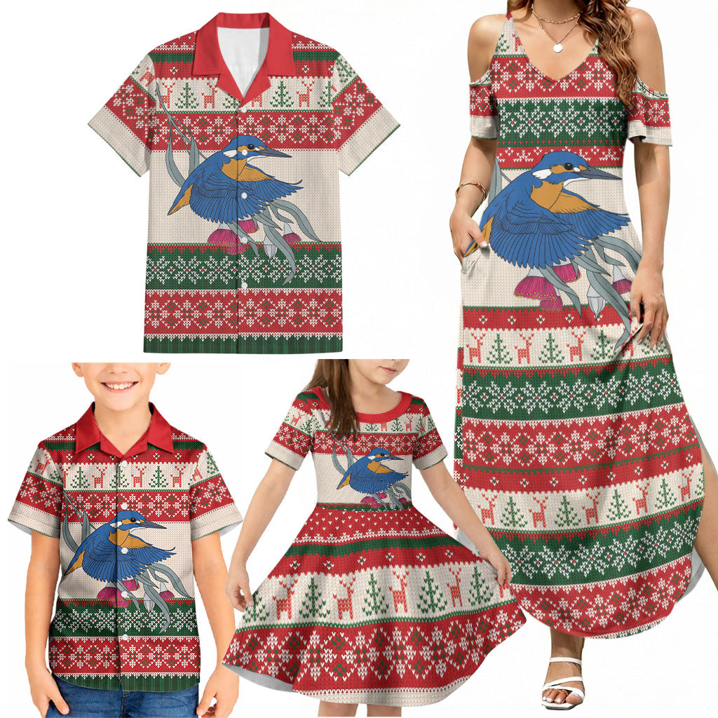 Aussie Kingfisher Bird Christmas Family Matching Summer Maxi Dress and Hawaiian Shirt Festive Knitted Pattern Inspired