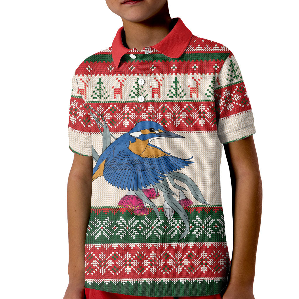 Aussie Kingfisher Bird Christmas Kid Polo Shirt Festive Knitted Pattern Inspired