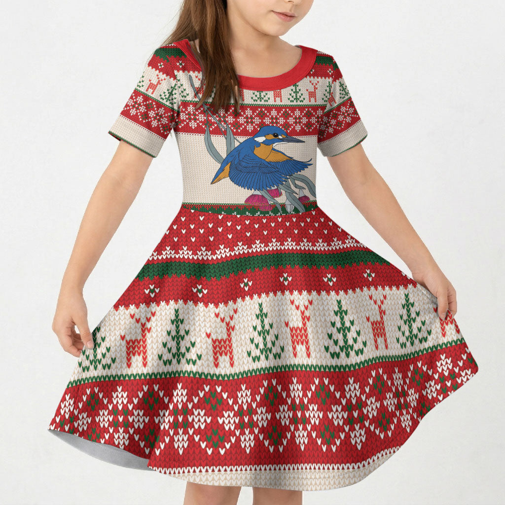 Aussie Kingfisher Bird Christmas Kid Short Sleeve Dress Festive Knitted Pattern Inspired