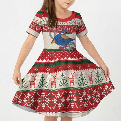 Aussie Kingfisher Bird Christmas Kid Short Sleeve Dress Festive Knitted Pattern Inspired