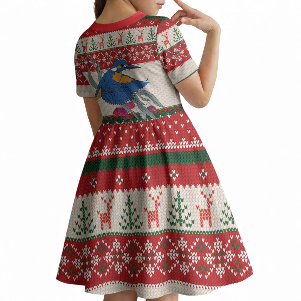 Aussie Kingfisher Bird Christmas Kid Short Sleeve Dress Festive Knitted Pattern Inspired
