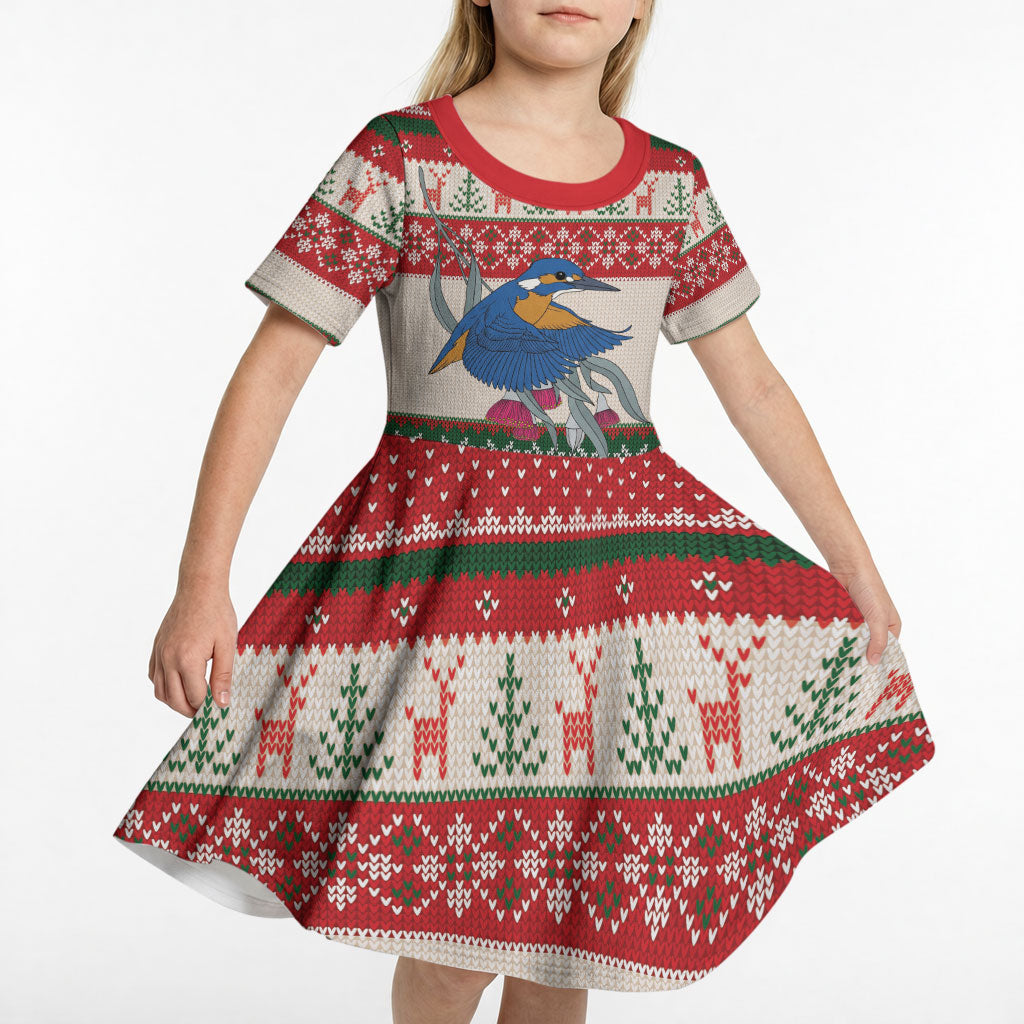 Aussie Kingfisher Bird Christmas Kid Short Sleeve Dress Festive Knitted Pattern Inspired
