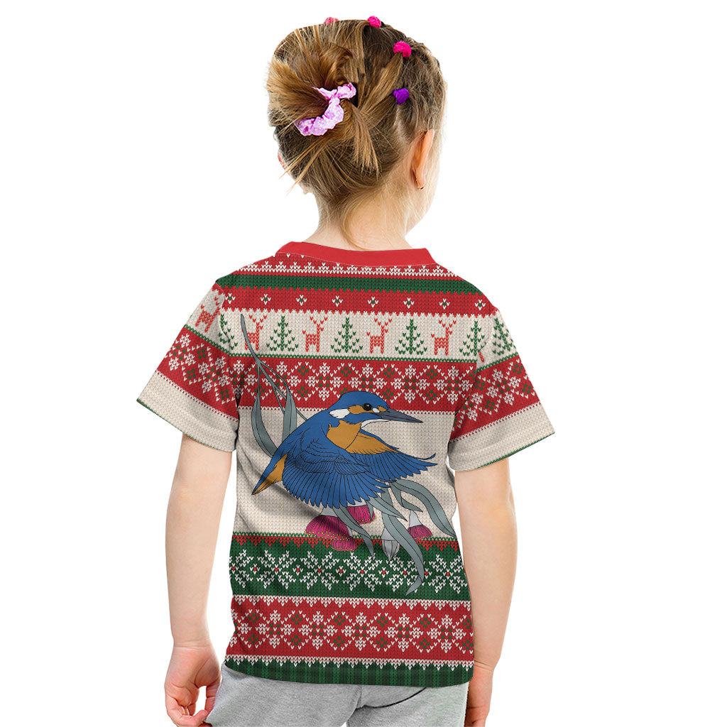 Aussie Kingfisher Bird Christmas Kid T Shirt Festive Knitted Pattern Inspired