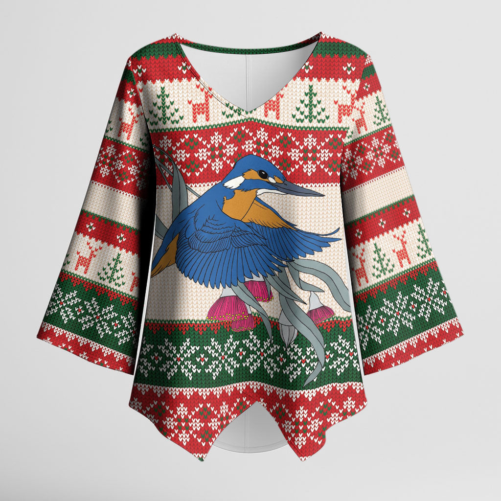 Aussie Kingfisher Bird Christmas Kimono Sleeve Blouse Festive Knitted Pattern Inspired