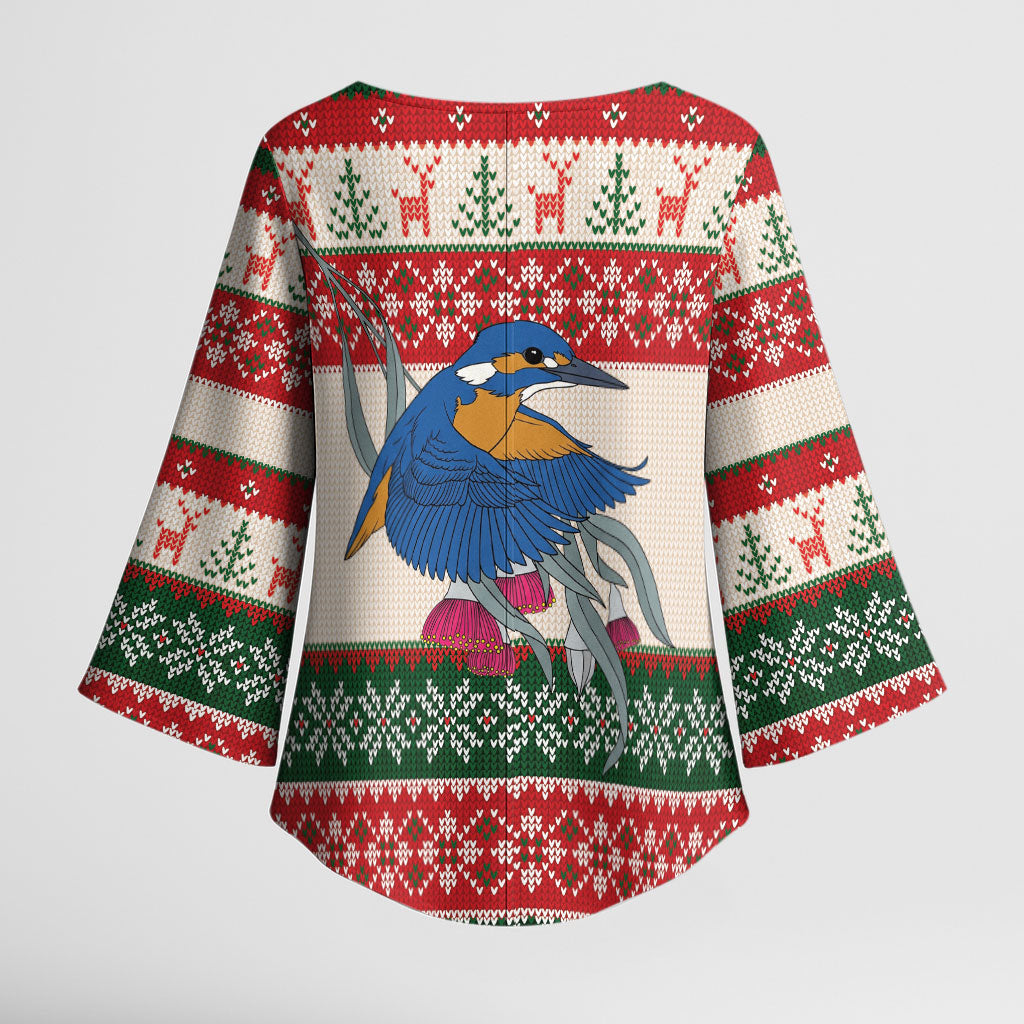 Aussie Kingfisher Bird Christmas Kimono Sleeve Blouse Festive Knitted Pattern Inspired