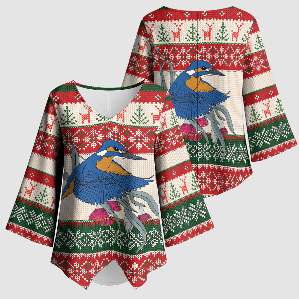 Aussie Kingfisher Bird Christmas Kimono Sleeve Blouse Festive Knitted Pattern Inspired