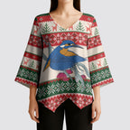 Aussie Kingfisher Bird Christmas Kimono Sleeve Blouse Festive Knitted Pattern Inspired