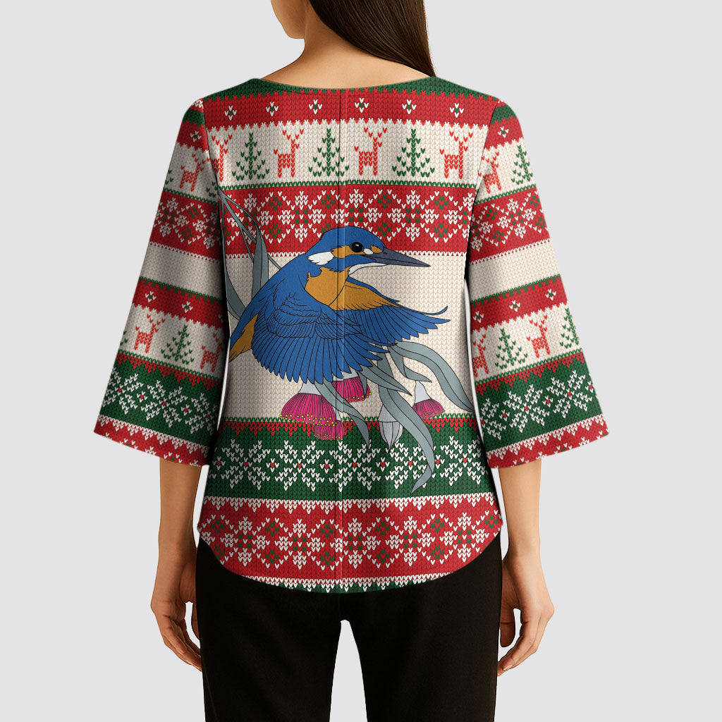 Aussie Kingfisher Bird Christmas Kimono Sleeve Blouse Festive Knitted Pattern Inspired