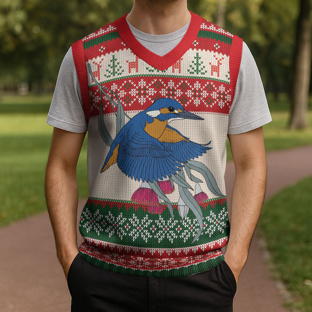 Aussie Kingfisher Bird Christmas Knitted V-Neck Vest Festive Knitted Pattern Inspired
