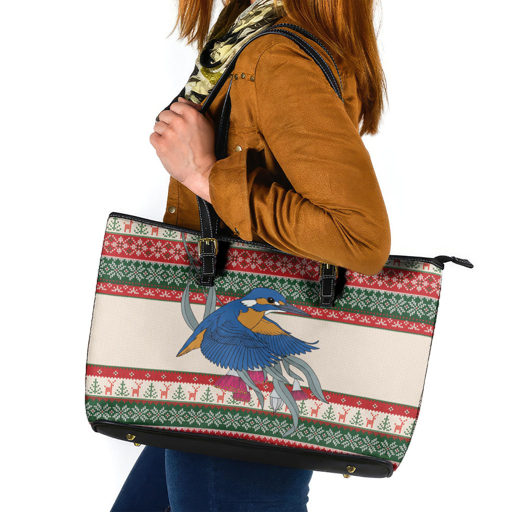 Aussie Kingfisher Bird Christmas Leather Tote Bag Festive Knitted Pattern Inspired