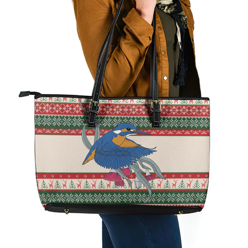 Aussie Kingfisher Bird Christmas Leather Tote Bag Festive Knitted Pattern Inspired