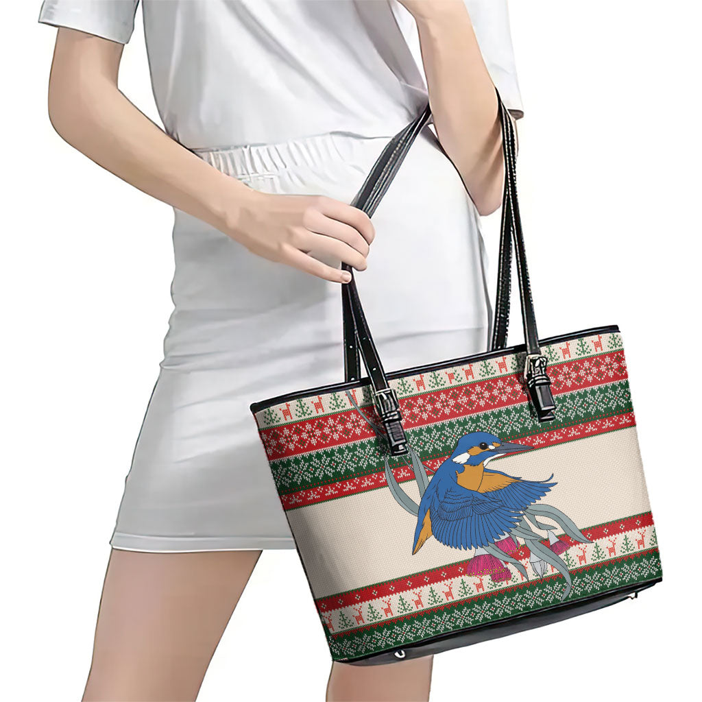 Aussie Kingfisher Bird Christmas Leather Tote Bag Festive Knitted Pattern Inspired