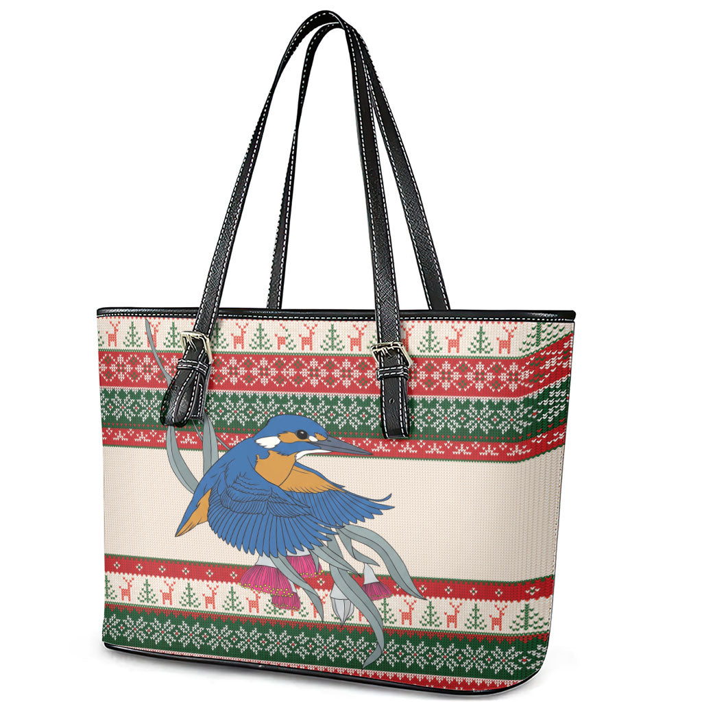 Aussie Kingfisher Bird Christmas Leather Tote Bag Festive Knitted Pattern Inspired