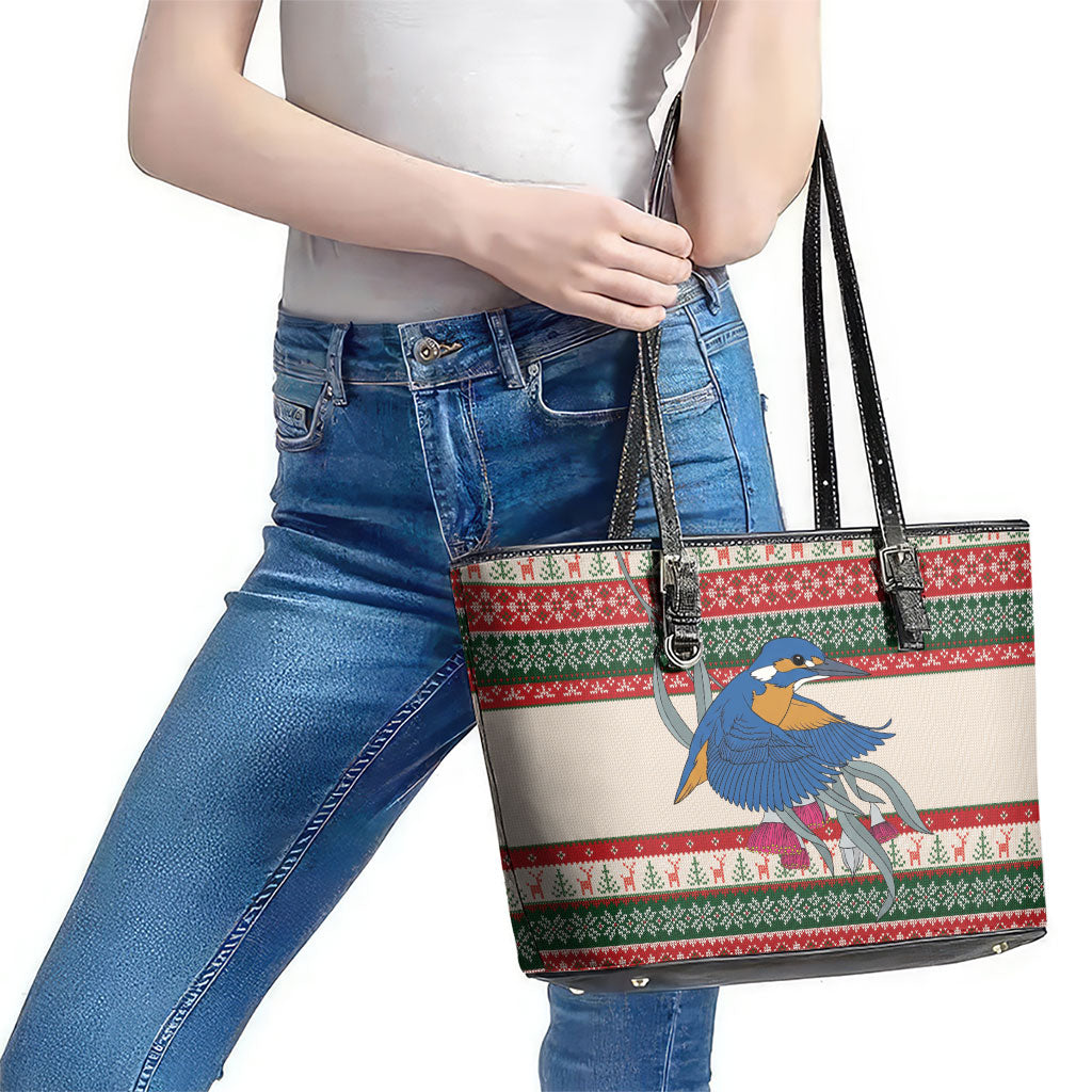 Aussie Kingfisher Bird Christmas Leather Tote Bag Festive Knitted Pattern Inspired