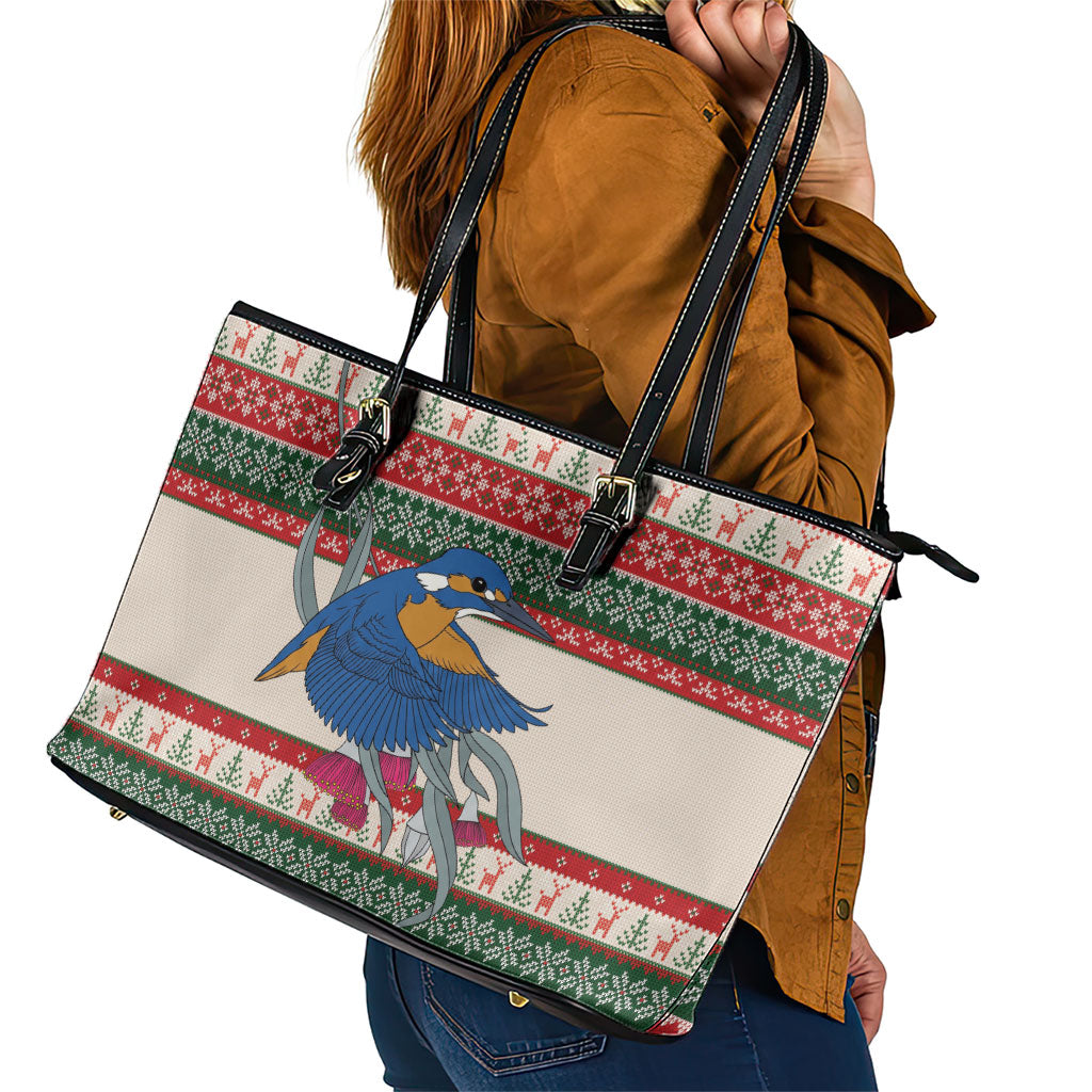 Aussie Kingfisher Bird Christmas Leather Tote Bag Festive Knitted Pattern Inspired