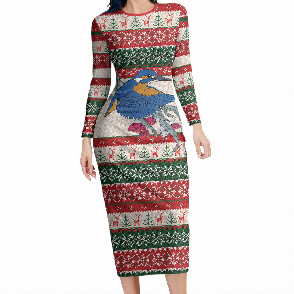 Aussie Kingfisher Bird Christmas Long Sleeve Bodycon Dress Festive Knitted Pattern Inspired