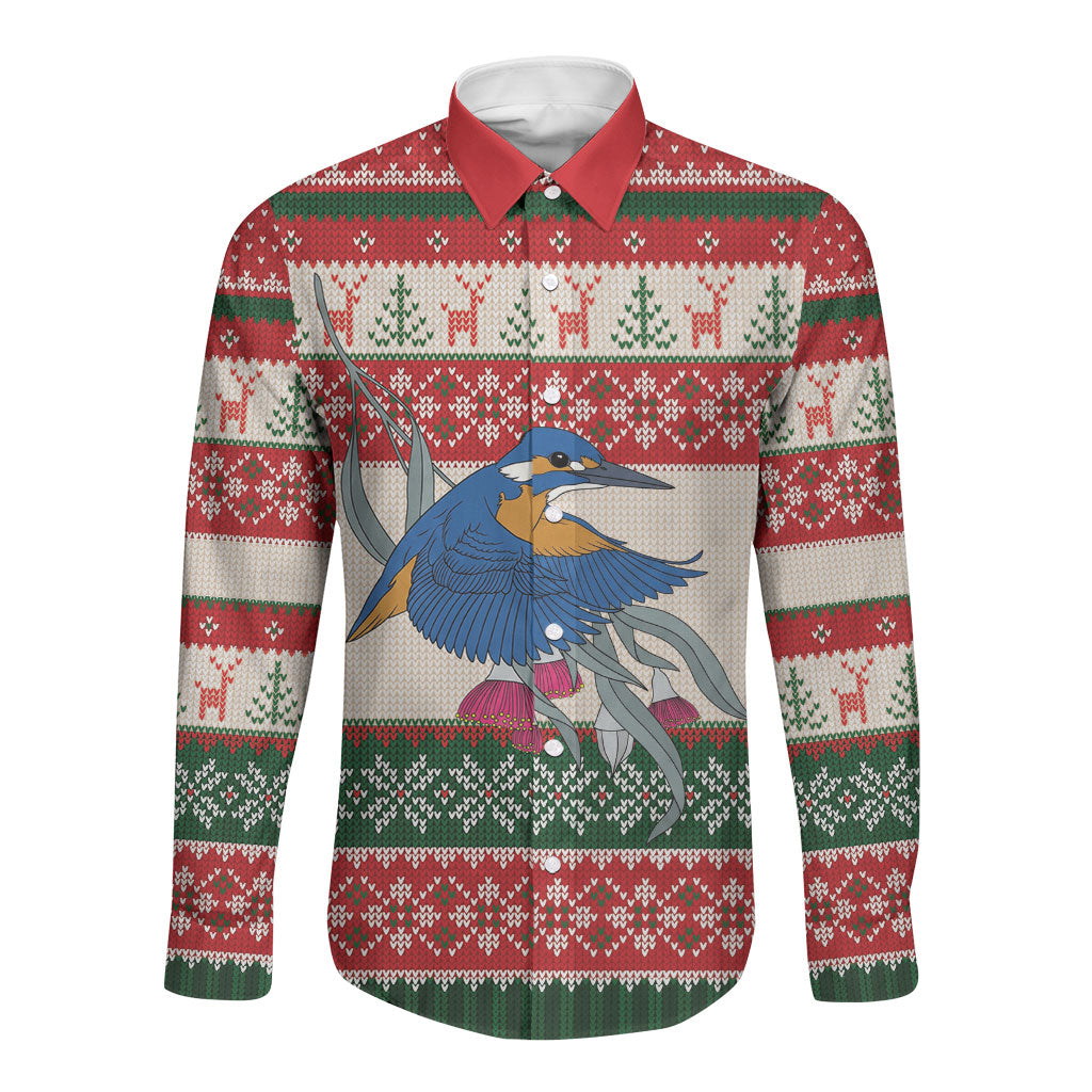 Aussie Kingfisher Bird Christmas Long Sleeve Button Shirt Festive Knitted Pattern Inspired