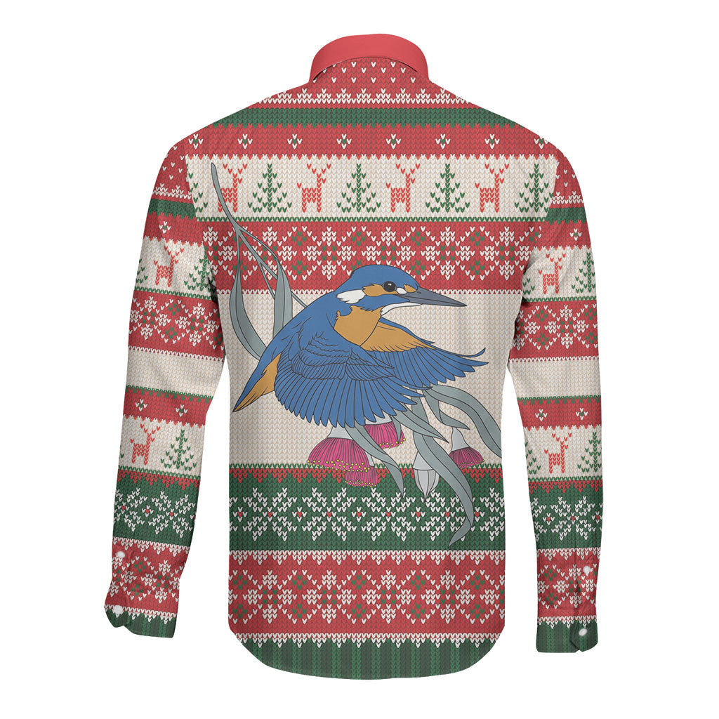 Aussie Kingfisher Bird Christmas Long Sleeve Button Shirt Festive Knitted Pattern Inspired