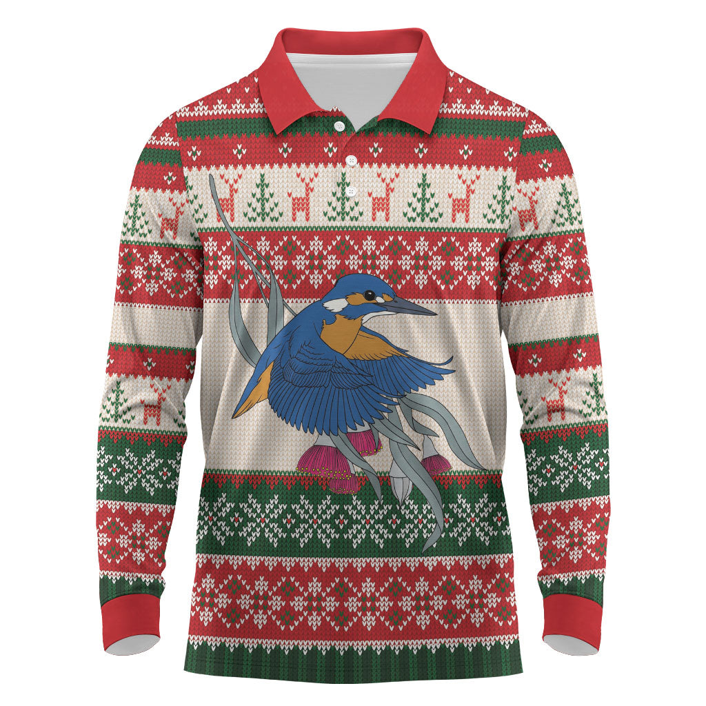 Aussie Kingfisher Bird Christmas Long Sleeve Polo Shirt Festive Knitted Pattern Inspired