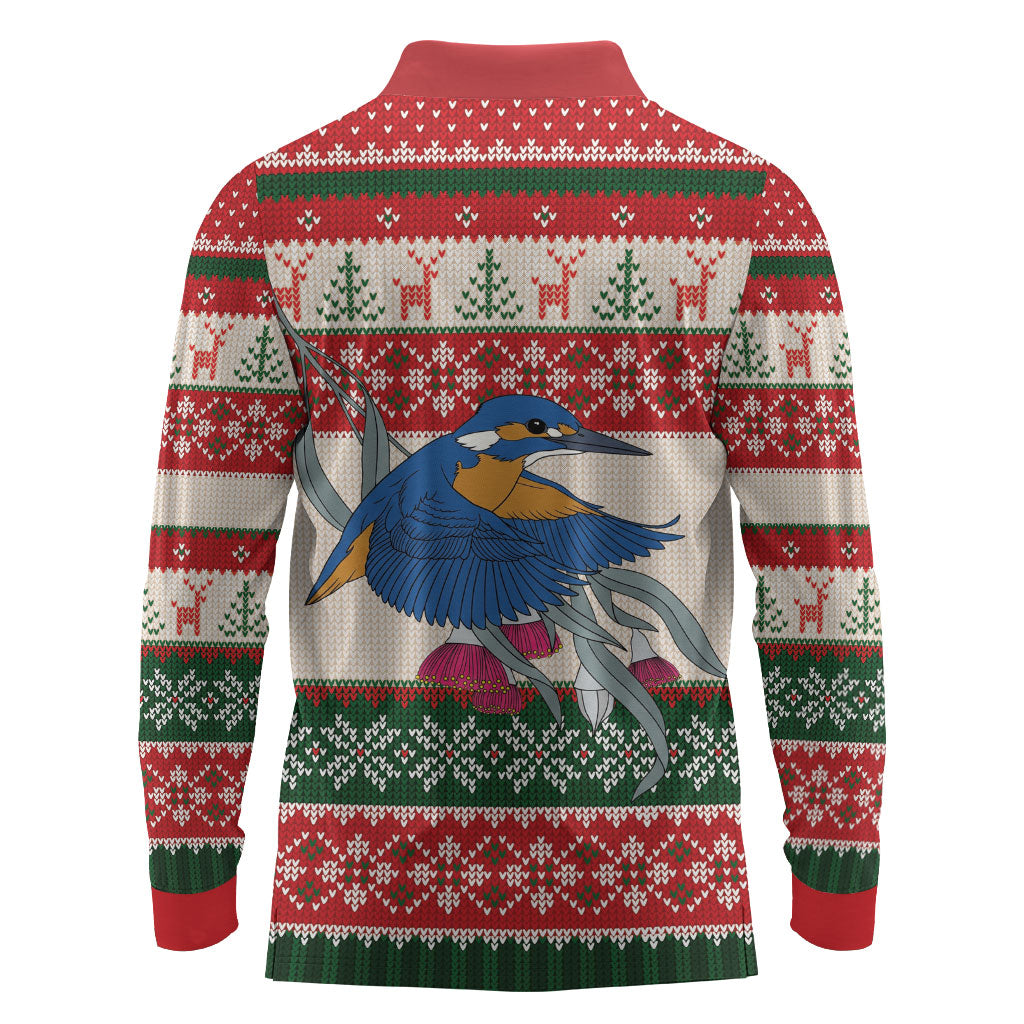 Aussie Kingfisher Bird Christmas Long Sleeve Polo Shirt Festive Knitted Pattern Inspired
