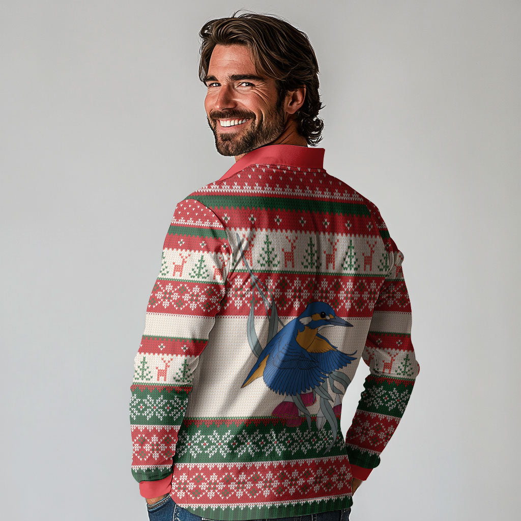 Aussie Kingfisher Bird Christmas Long Sleeve Polo Shirt Festive Knitted Pattern Inspired