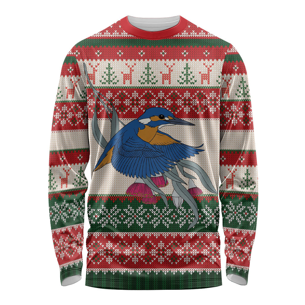 Aussie Kingfisher Bird Christmas Long Sleeve Shirt Festive Knitted Pattern Inspired