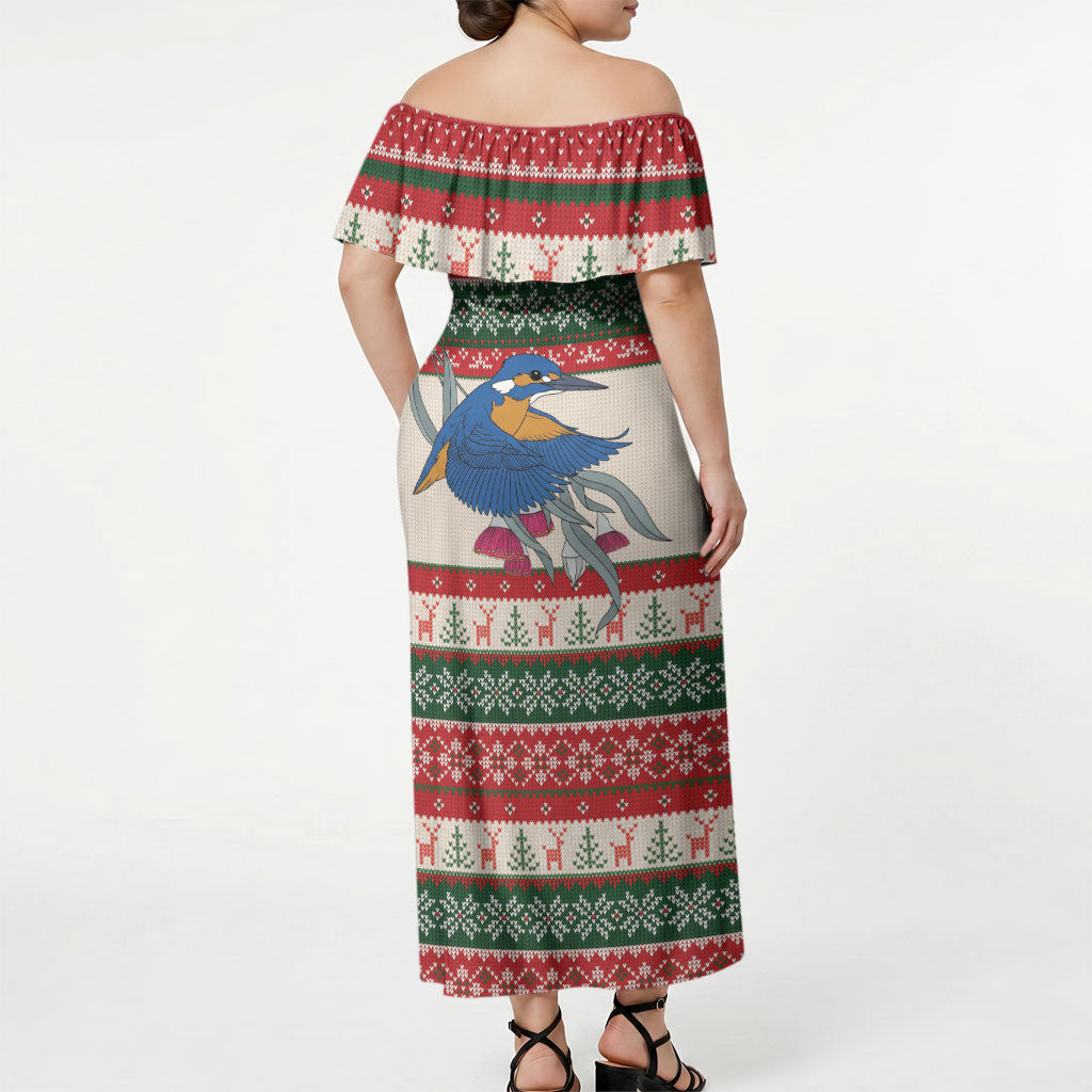Aussie Kingfisher Bird Christmas Off Shoulder Maxi Dress Festive Knitted Pattern Inspired