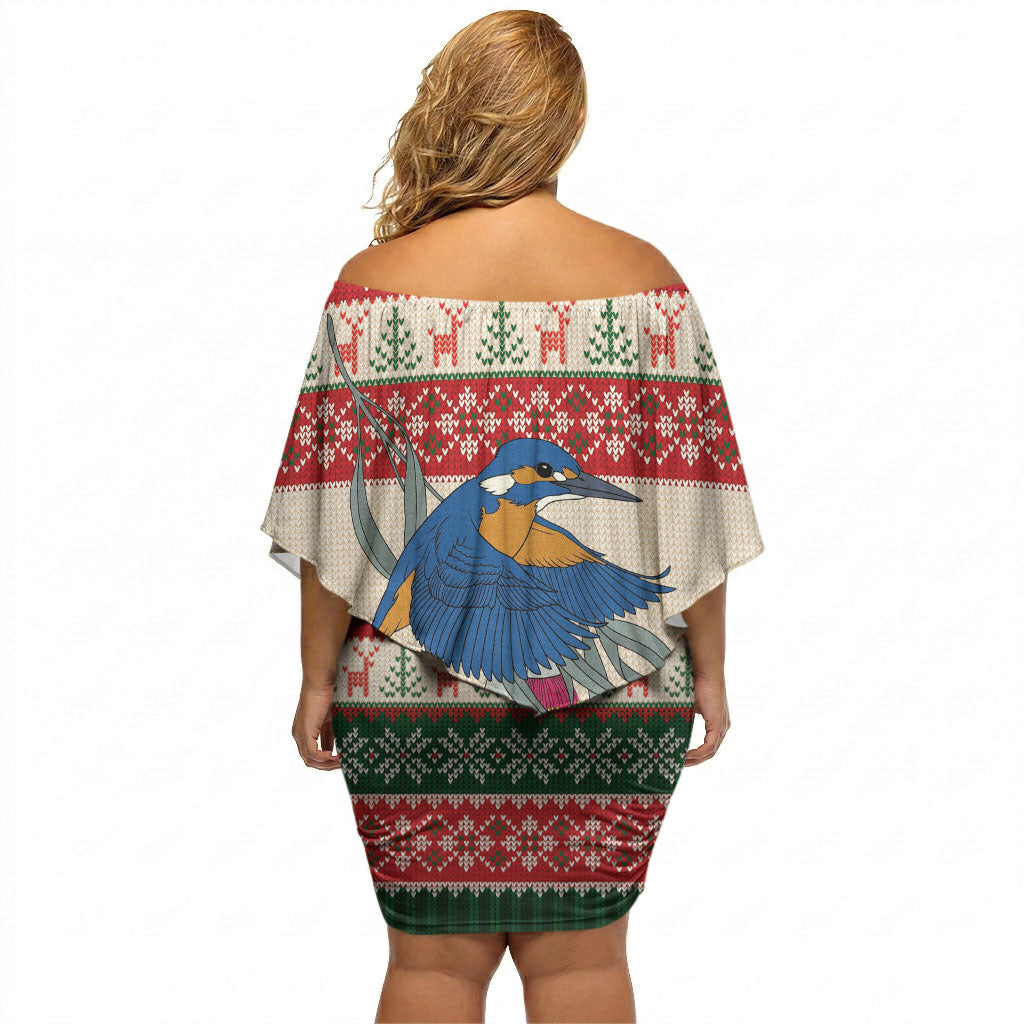 Aussie Kingfisher Bird Christmas Off Shoulder Short Dress Festive Knitted Pattern Inspired