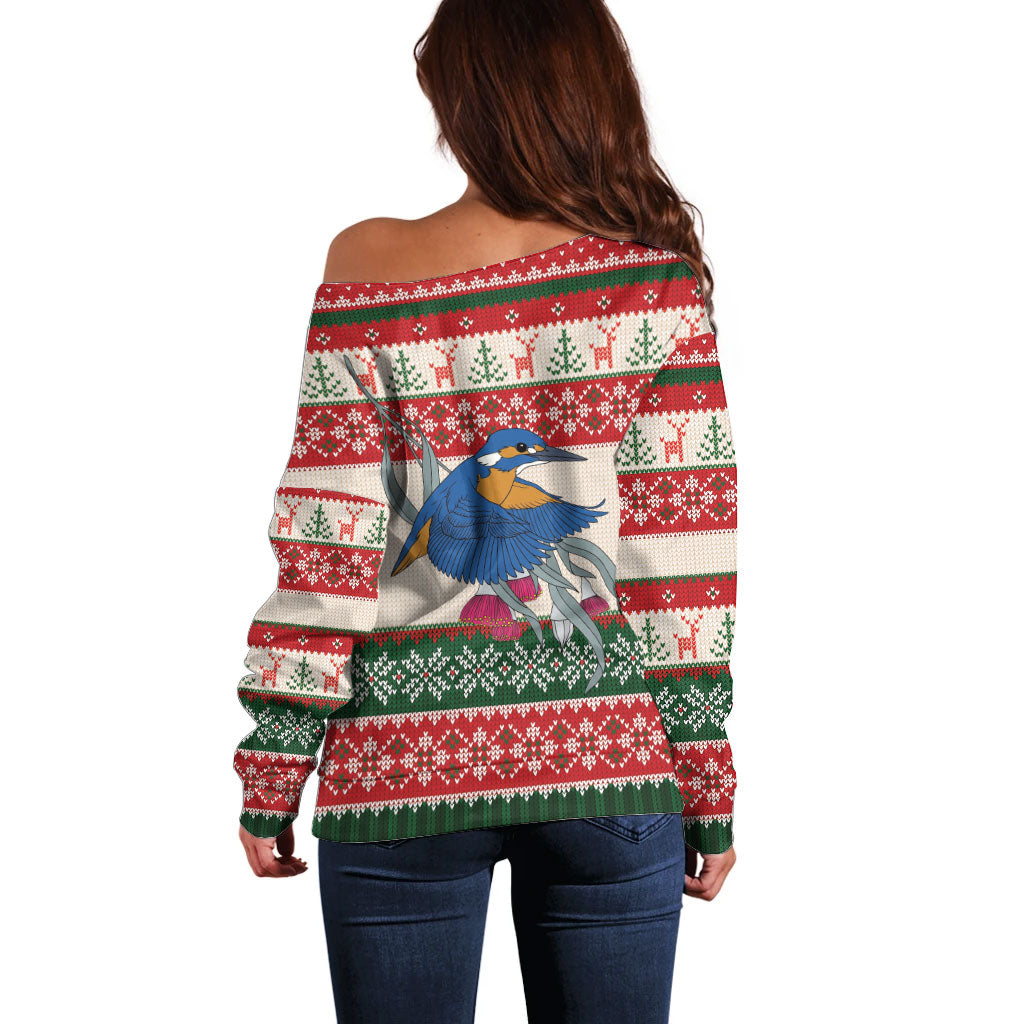 Aussie Kingfisher Bird Christmas Off Shoulder Sweater Festive Knitted Pattern Inspired