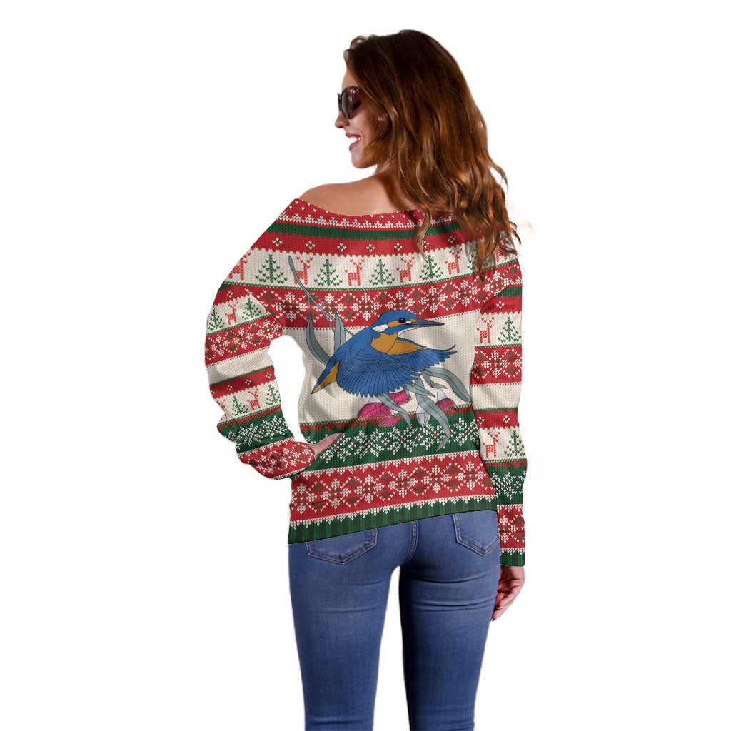 Aussie Kingfisher Bird Christmas Off Shoulder Sweater Festive Knitted Pattern Inspired