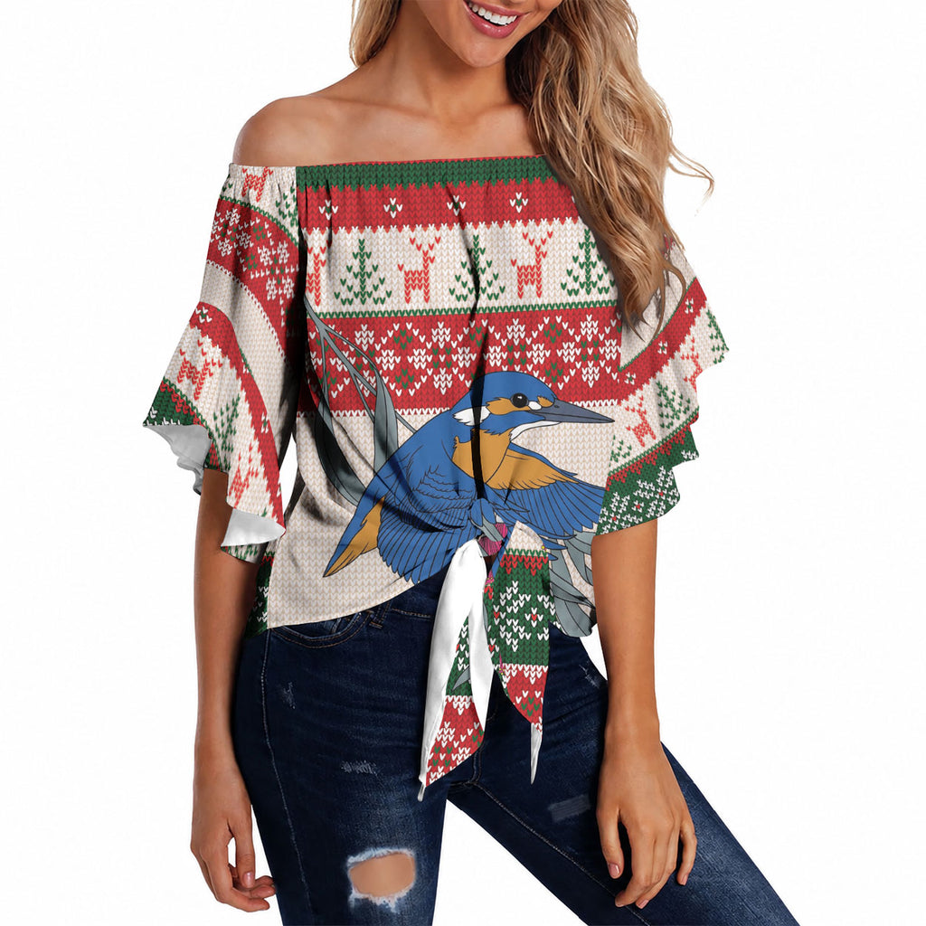 Aussie Kingfisher Bird Christmas Off Shoulder Wrap Waist Top Festive Knitted Pattern Inspired