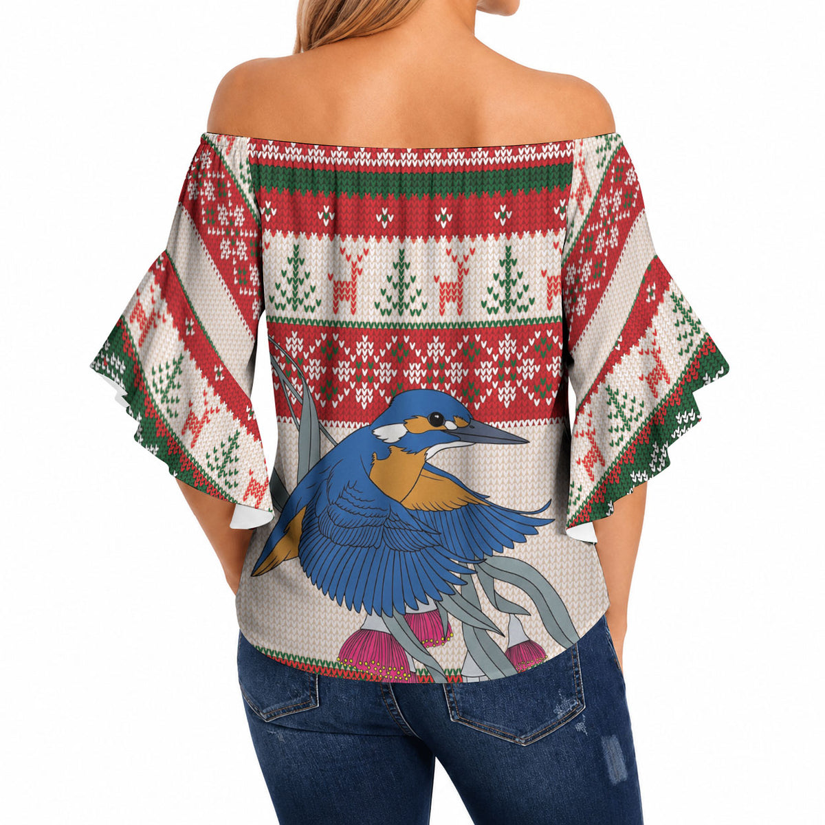 Aussie Kingfisher Bird Christmas Off Shoulder Wrap Waist Top Festive Knitted Pattern Inspired