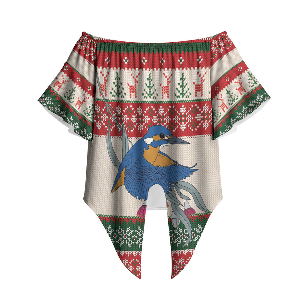 Aussie Kingfisher Bird Christmas Off Shoulder Wrap Waist Top Festive Knitted Pattern Inspired