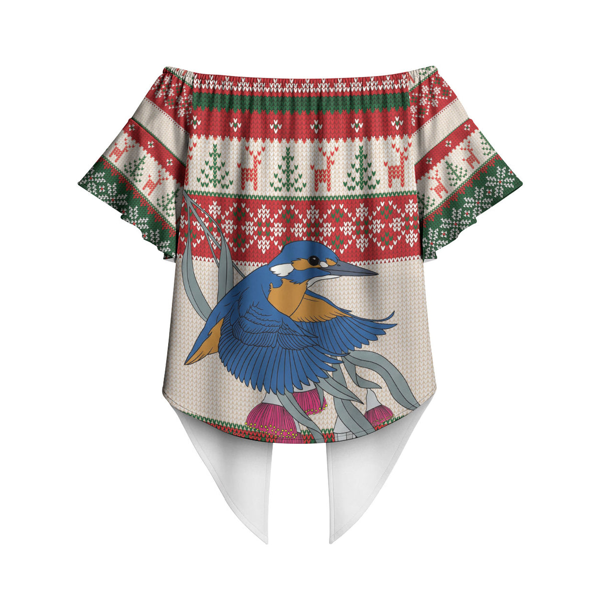 Aussie Kingfisher Bird Christmas Off Shoulder Wrap Waist Top Festive Knitted Pattern Inspired
