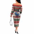 Aussie Kingfisher Bird Christmas Off The Shoulder Long Sleeve Dress Festive Knitted Pattern Inspired