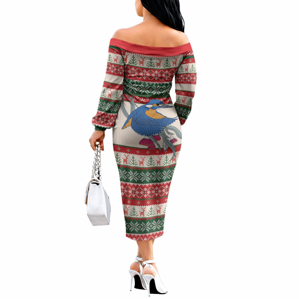 Aussie Kingfisher Bird Christmas Off The Shoulder Long Sleeve Dress Festive Knitted Pattern Inspired
