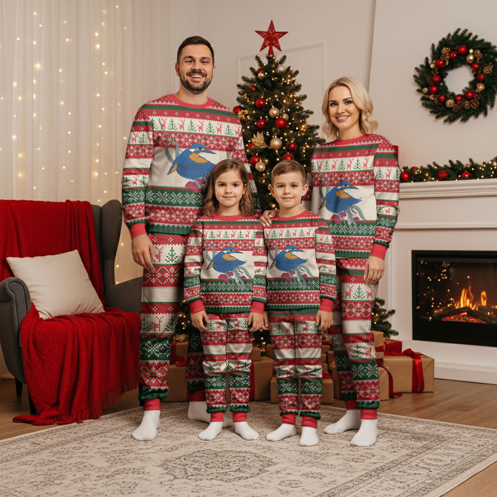 Aussie Kingfisher Bird Christmas Pajama Set Festive Knitted Pattern Inspired