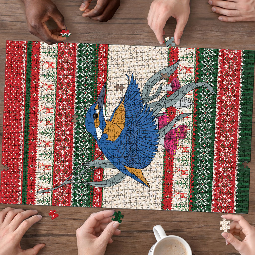Aussie Kingfisher Bird Christmas Puzzle Festive Knitted Pattern Inspired