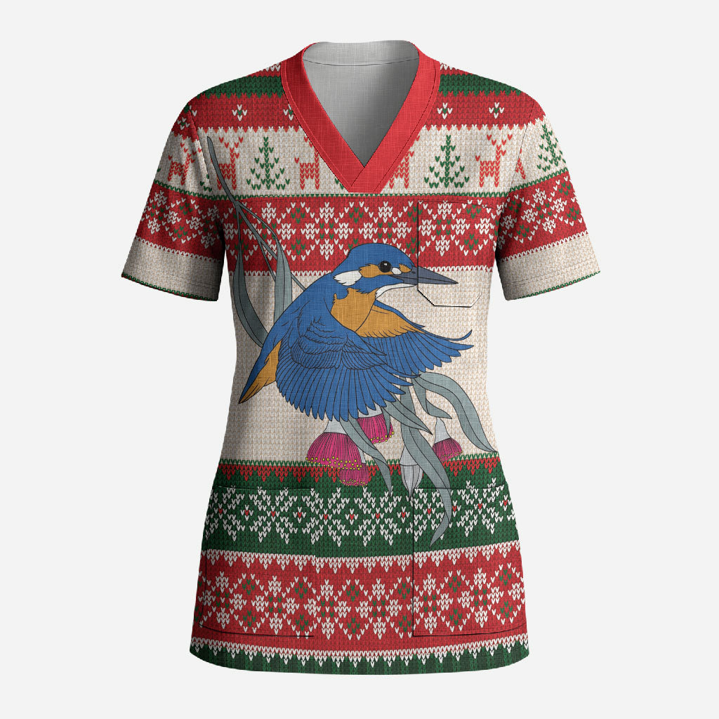 Aussie Kingfisher Bird Christmas Scrub Top Festive Knitted Pattern Inspired
