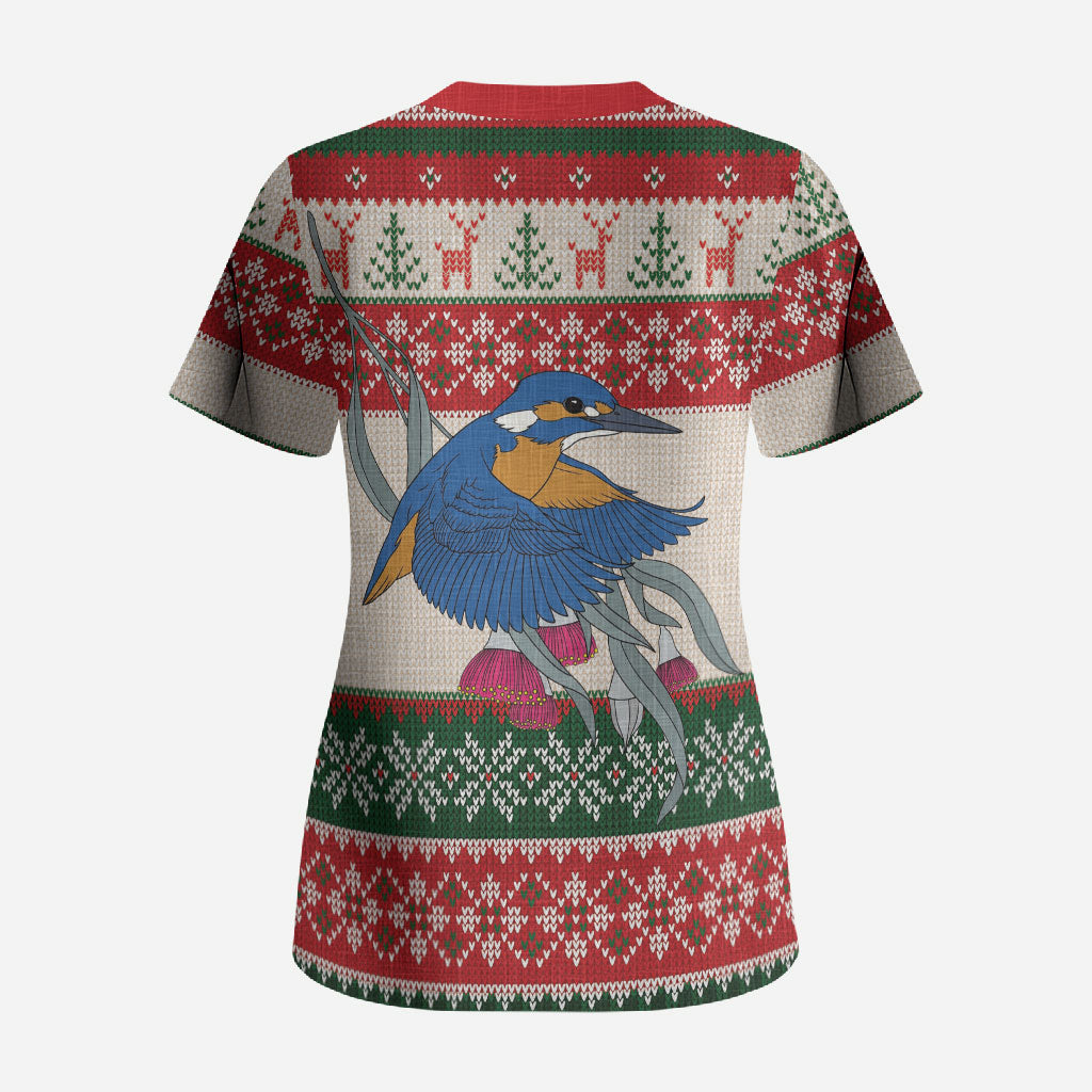 Aussie Kingfisher Bird Christmas Scrub Top Festive Knitted Pattern Inspired