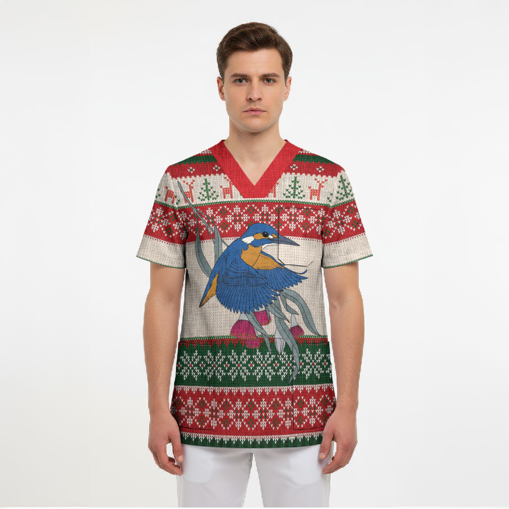 Aussie Kingfisher Bird Christmas Scrub Top Festive Knitted Pattern Inspired