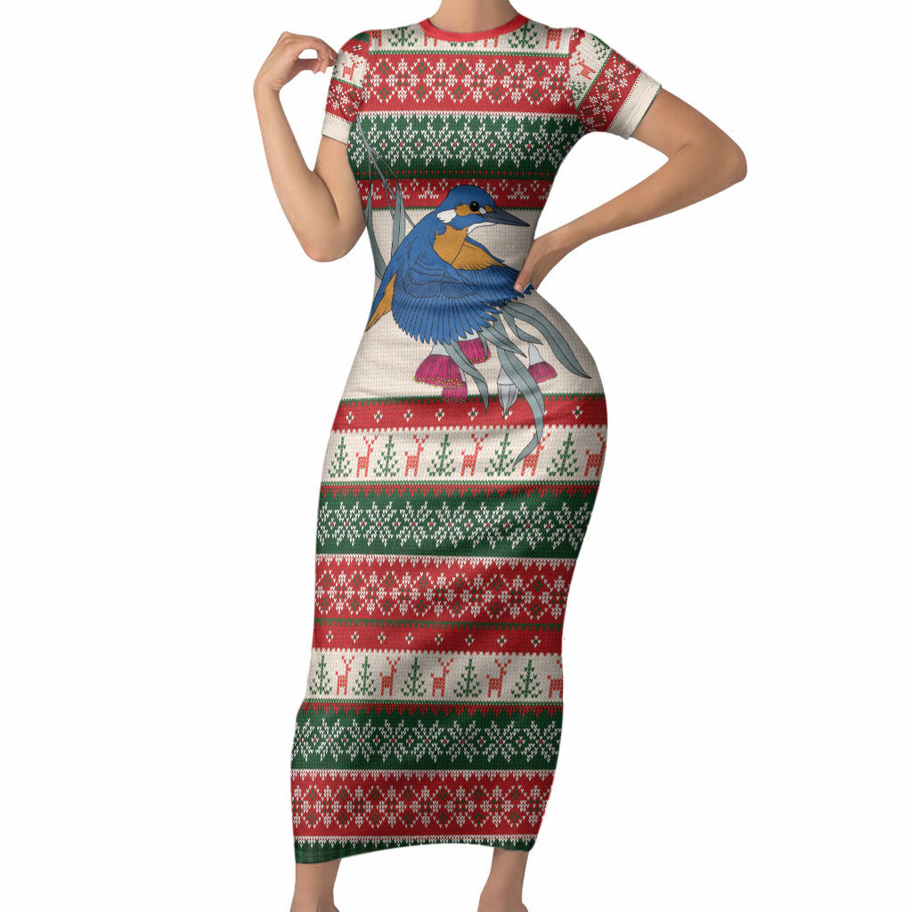 Aussie Kingfisher Bird Christmas Short Sleeve Bodycon Dress Festive Knitted Pattern Inspired