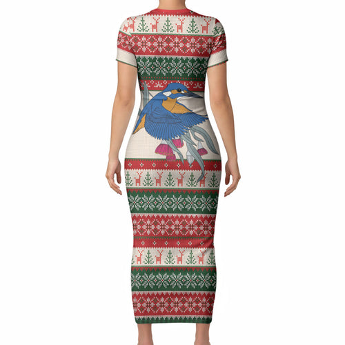 Aussie Kingfisher Bird Christmas Short Sleeve Bodycon Dress Festive Knitted Pattern Inspired