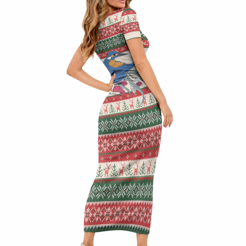 Aussie Kingfisher Bird Christmas Short Sleeve Bodycon Dress Festive Knitted Pattern Inspired