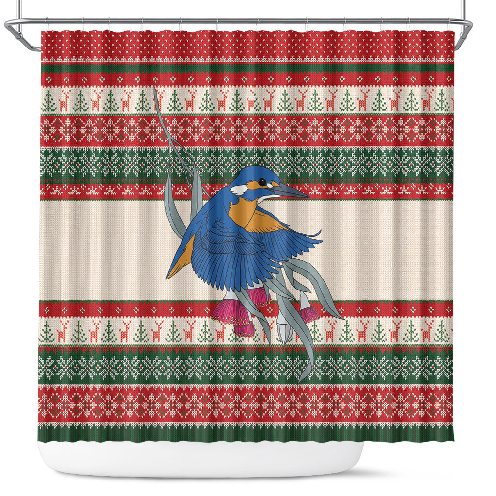 Aussie Kingfisher Bird Christmas Shower Curtain Festive Knitted Pattern Inspired