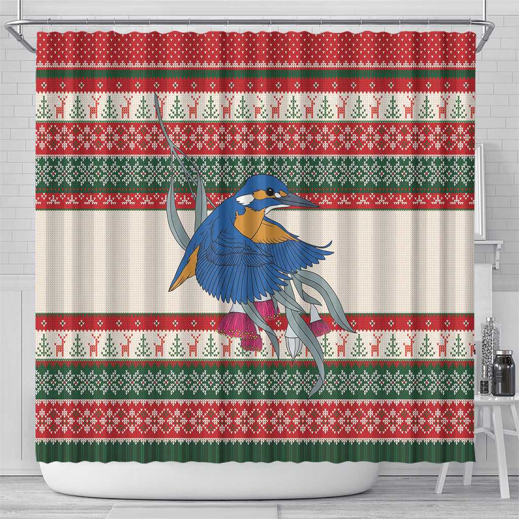 Aussie Kingfisher Bird Christmas Shower Curtain Festive Knitted Pattern Inspired