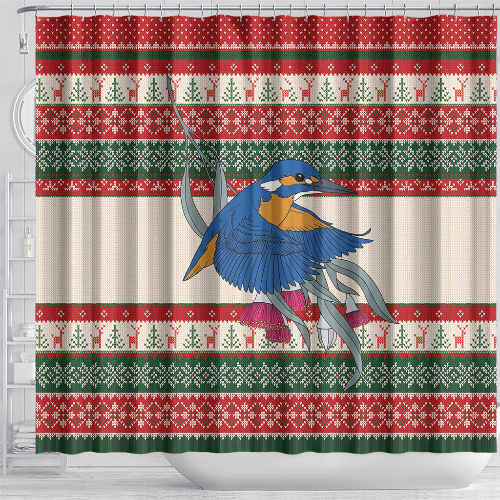 Aussie Kingfisher Bird Christmas Shower Curtain Festive Knitted Pattern Inspired