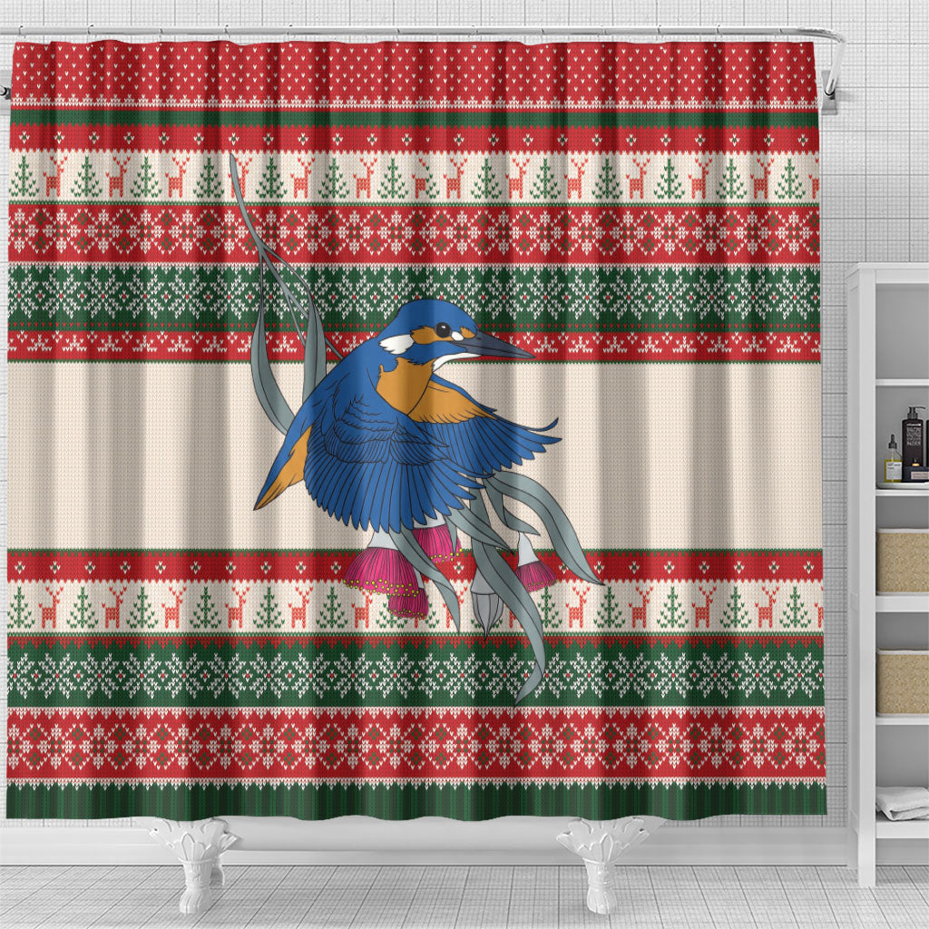 Aussie Kingfisher Bird Christmas Shower Curtain Festive Knitted Pattern Inspired