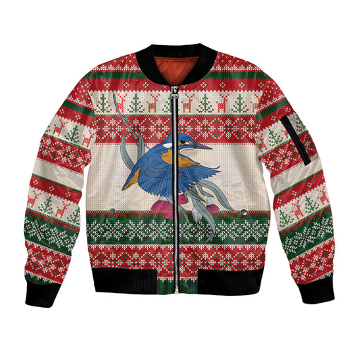 Aussie Kingfisher Bird Christmas Sleeve Zip Bomber Jacket Festive Knitted Pattern Inspired